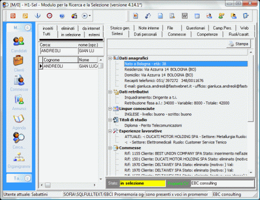 Software integrato di gestione del processo di recruiting, ricerca e selezione del personale, H1 SEL, IMMAGINE DELLA ANAGRAFICA DEL PERSONALE CANDIDATI