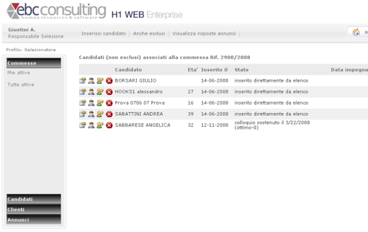 H1 Sel recruiting software risorse umane web - elenco dei candidati in commessa on web