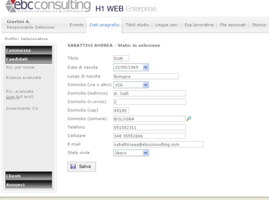 H1 Sel recruiting software risorse umane web - scheda candidato