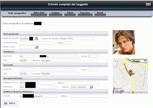 Scheda di H1 Sel web integrata con Google Maps per la gestione dela posizione geografica dei soggetti