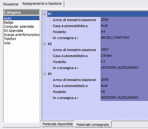 Gestione del materiale consegnato, dettaglio del materiale consegnato al singolo dipendente - H1 Hrms Gestione del personale